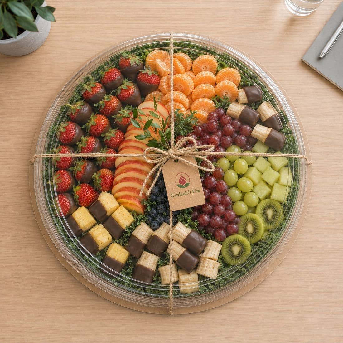Overhead view of a Gardenia's Fire fruit tray with strawberries, grapes, melon, kiwi and citrus